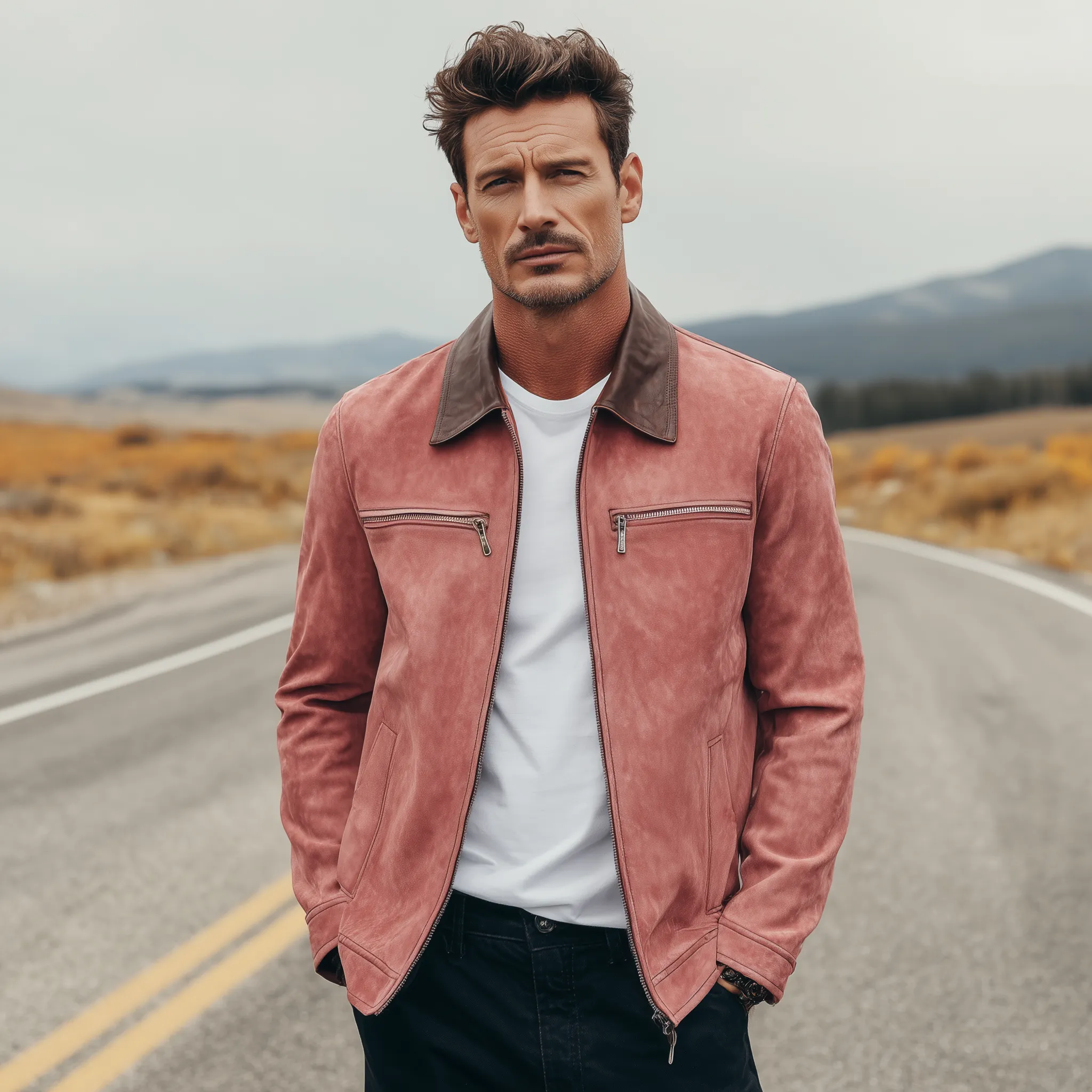 Men's Classic American Casual PU Leather Lapel Pink Suede Zipper Jacket MTA1870H9K sold by Manly product image thumbnail 3