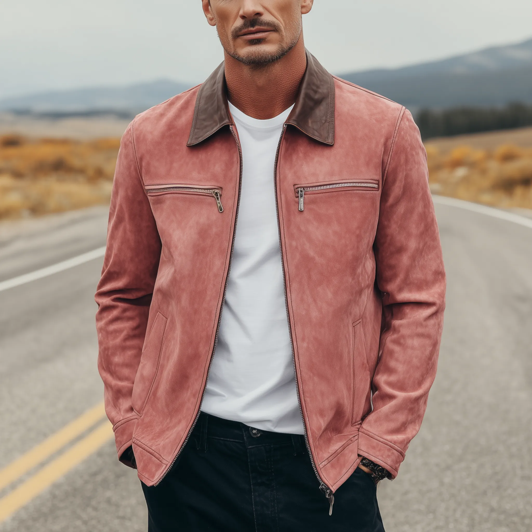 Men's Classic American Casual PU Leather Lapel Pink Suede Zipper Jacket MTA1870H9K sold by Manly product image thumbnail 2
