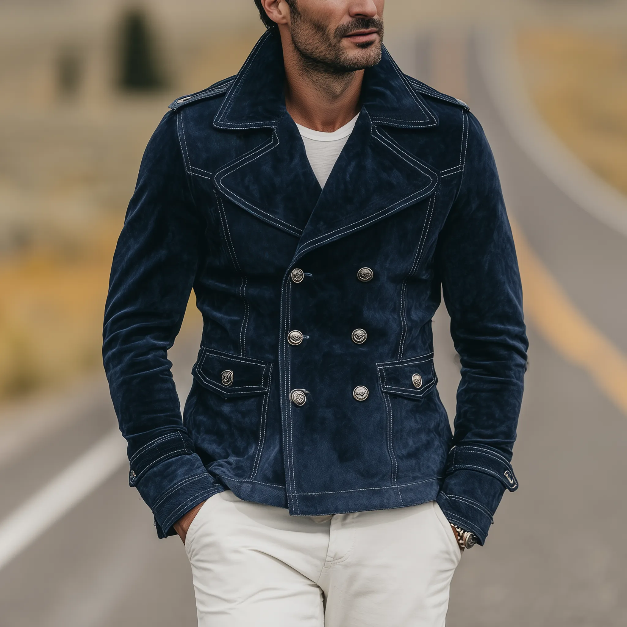 Men's Classic Vintage Western Style Lapel Suede Double Breasted Jacket MTA1889H9K sold by Manly product image thumbnail 2