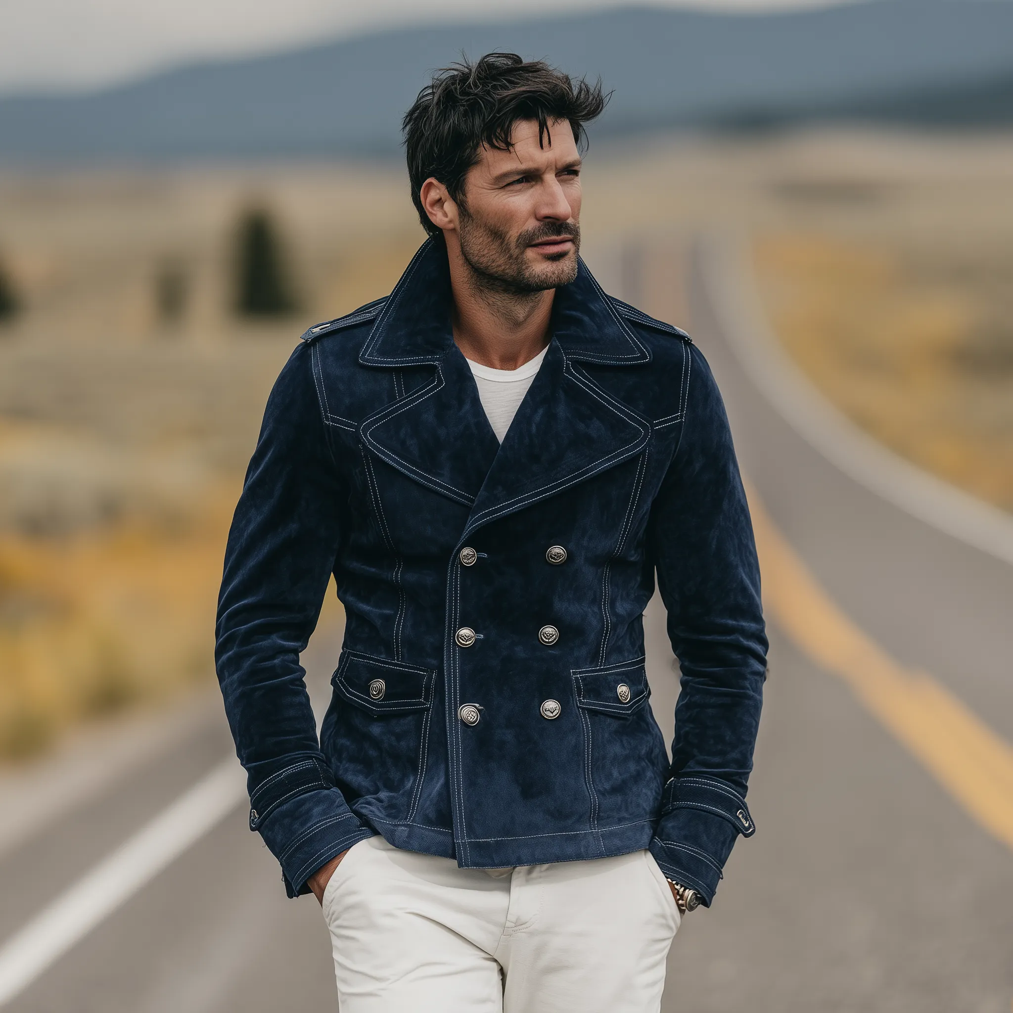 Men's Classic Vintage Western Style Lapel Suede Double Breasted Jacket MTA1889H9K sold by Manly product image thumbnail 3