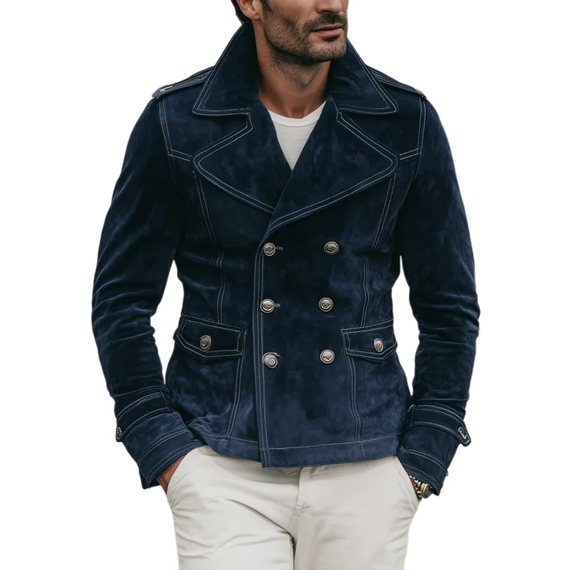 Men's Classic Vintage Western Style Lapel Suede Double Breasted Jacket MTA1889H9K sold by Manly