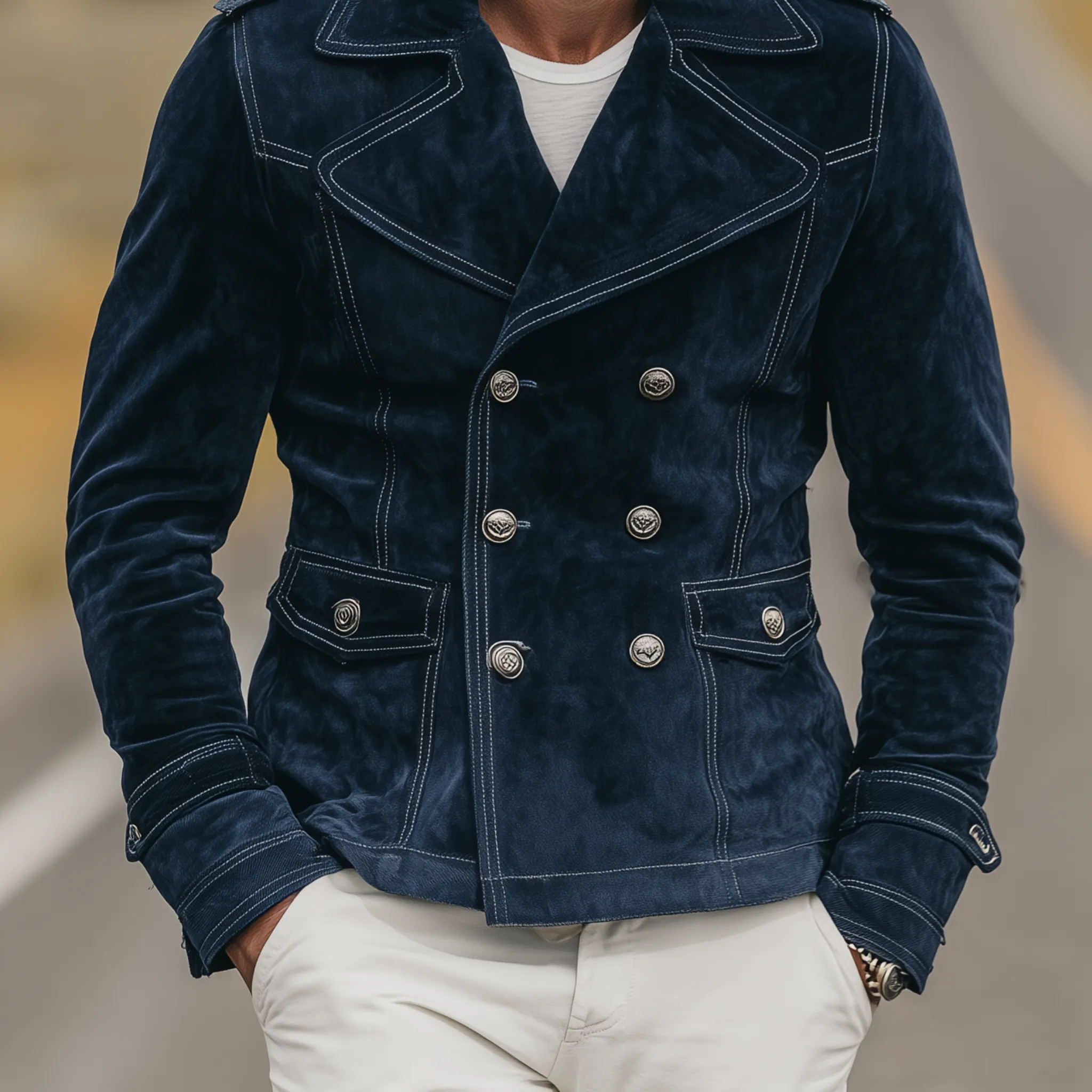 Men's Classic Vintage Western Style Lapel Suede Double Breasted Jacket MTA1889H9K sold by Manly product image thumbnail 5