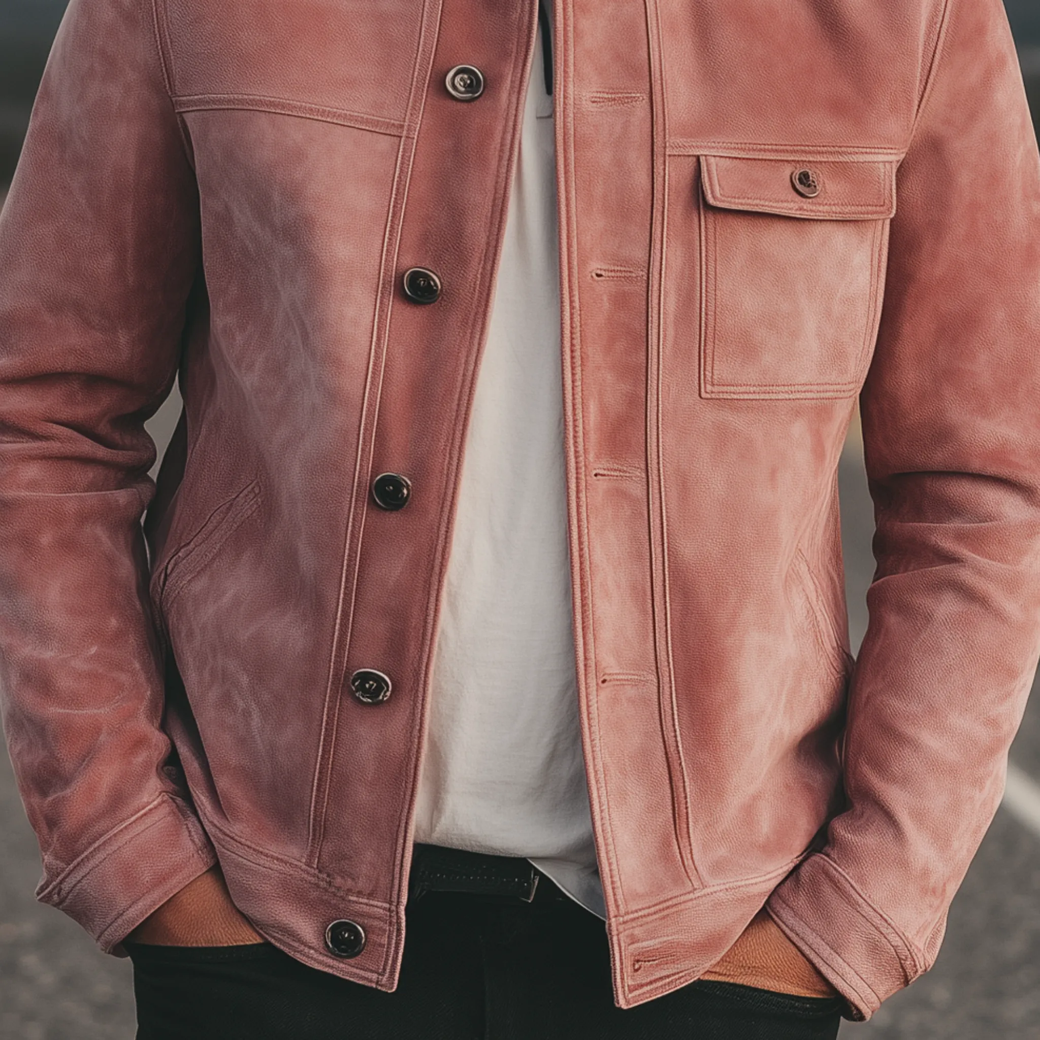 Men's Classic American Retro Stand Collar Pink Suede Placket Button Jacket MTA1883H9K sold by Manly product image thumbnail 5