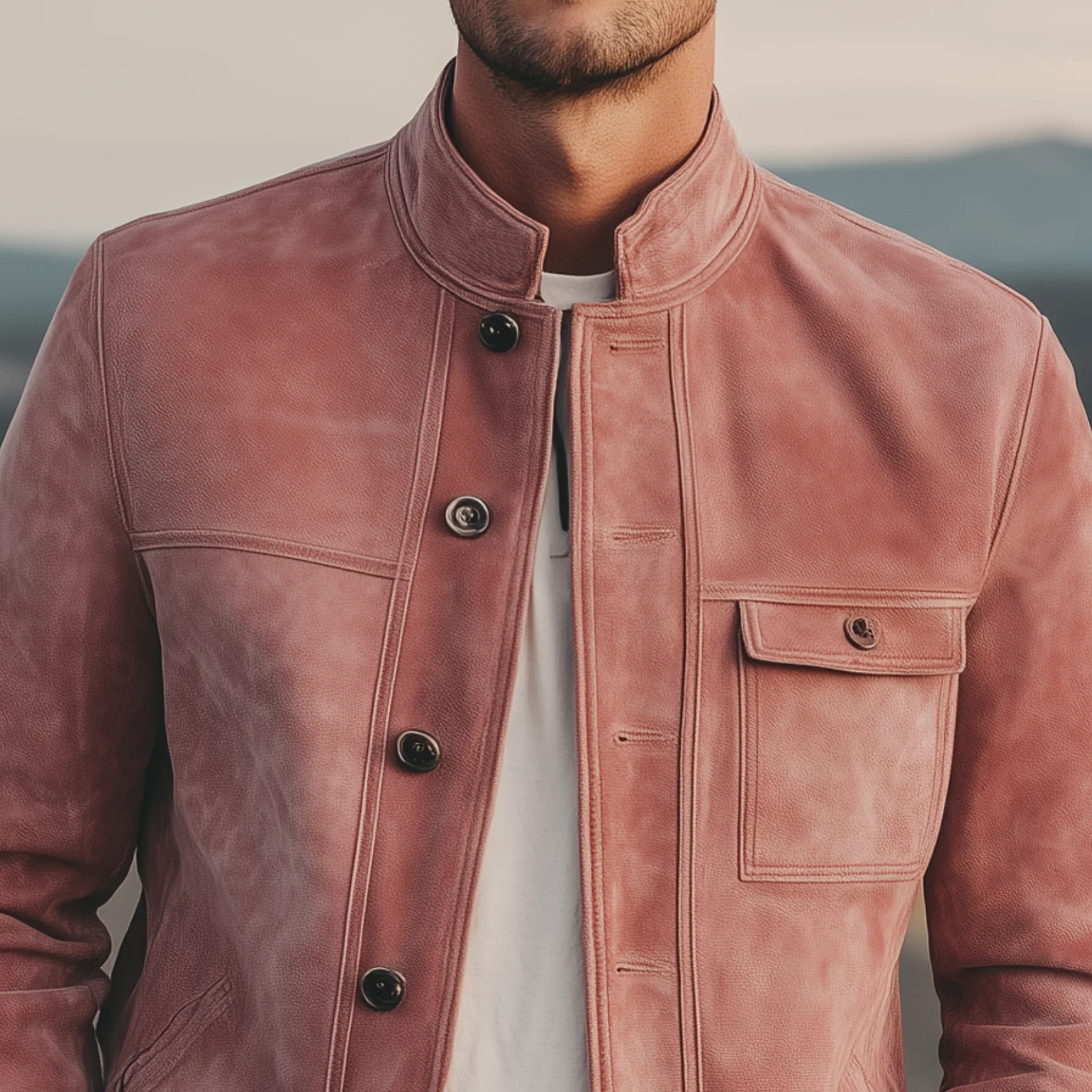 Men's Classic American Retro Stand Collar Pink Suede Placket Button Jacket MTA1883H9K sold by Manly product image thumbnail 4