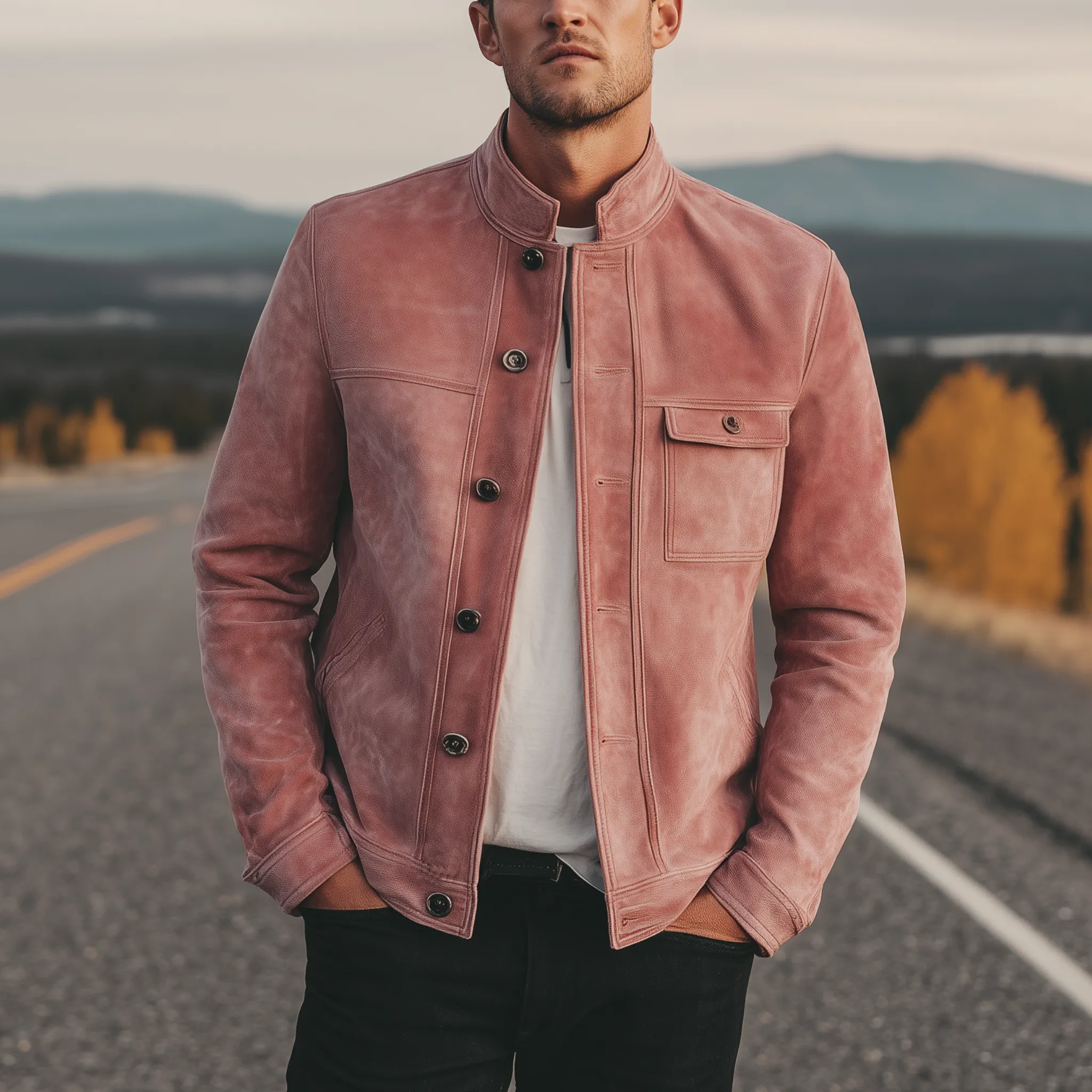 Men's Classic American Retro Stand Collar Pink Suede Placket Button Jacket MTA1883H9K sold by Manly product image thumbnail 2