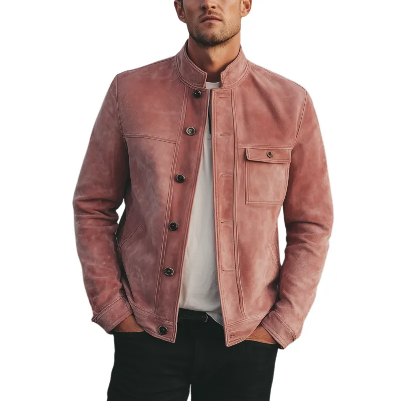 Men's Classic American Retro Stand Collar Pink Suede Placket Button Jacket MTA1883H9K sold by Manly