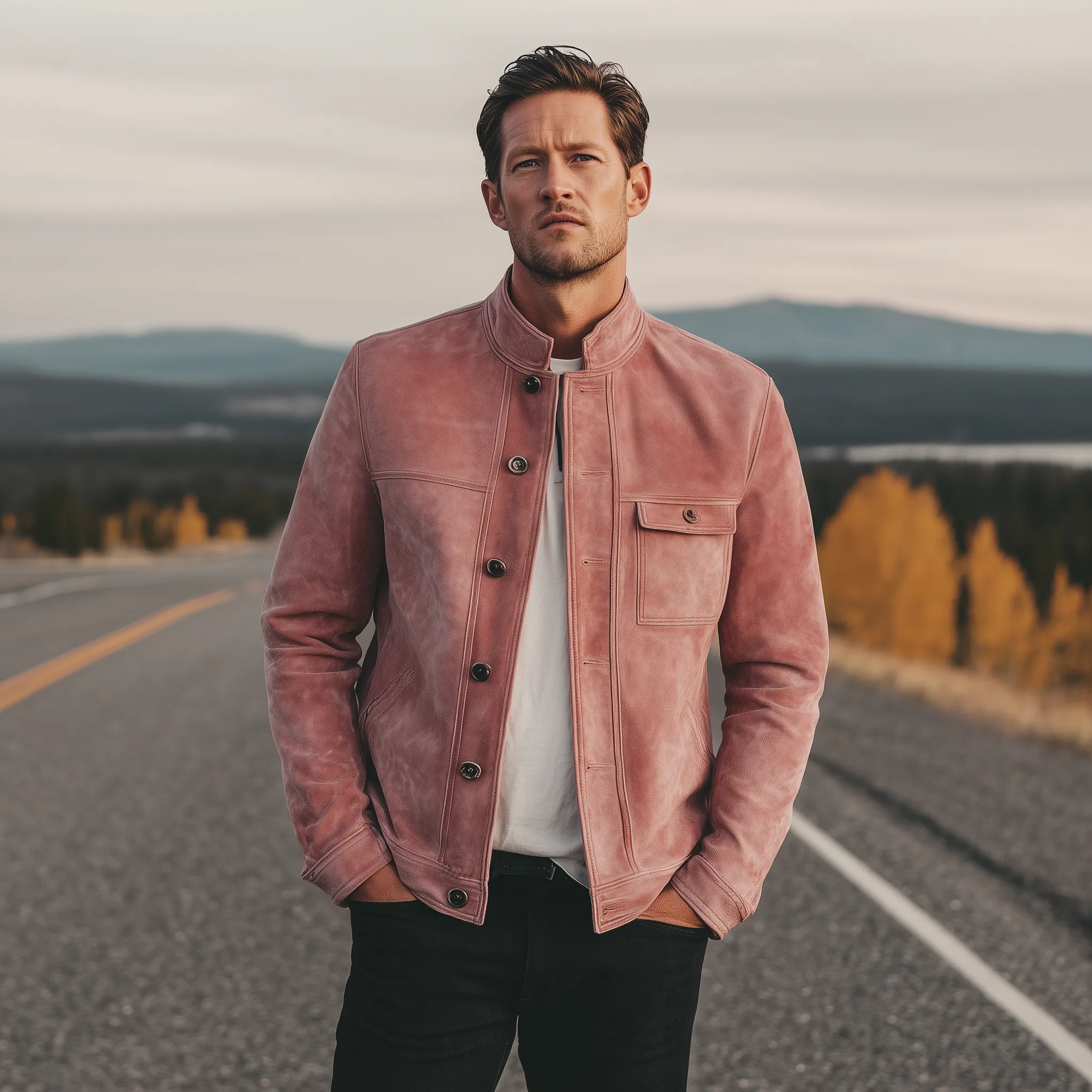 Men's Classic American Retro Stand Collar Pink Suede Placket Button Jacket MTA1883H9K sold by Manly product image thumbnail 3