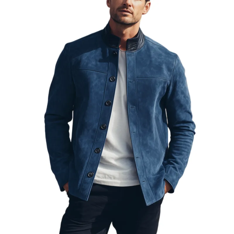 Men's Classic American Retro Stand Collar Suede Placket Button Jacket MTA1821H3K sold by Manly