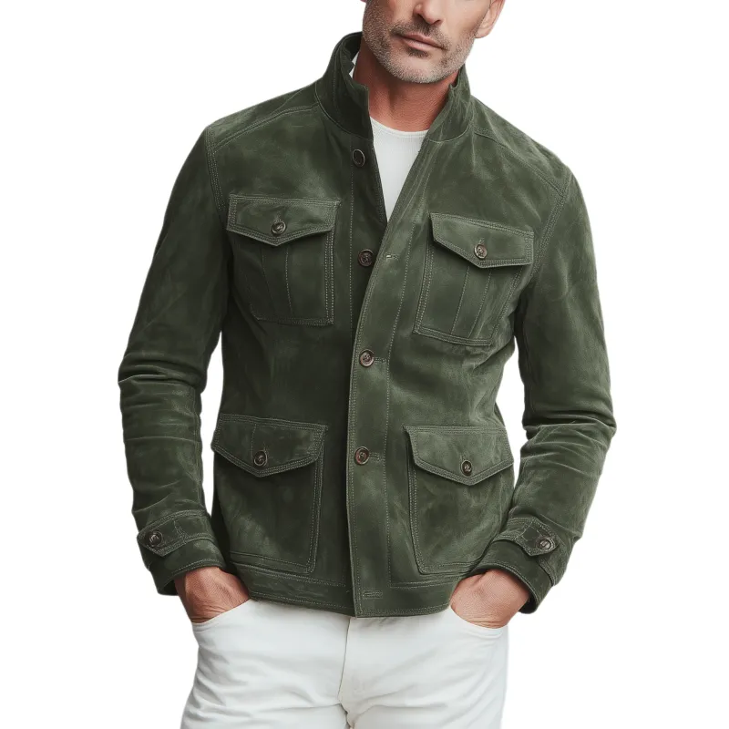 Men's Classic American Casual Stand Collar Multi-pocket Suede Jacket MTA1889H3K sold by Manly