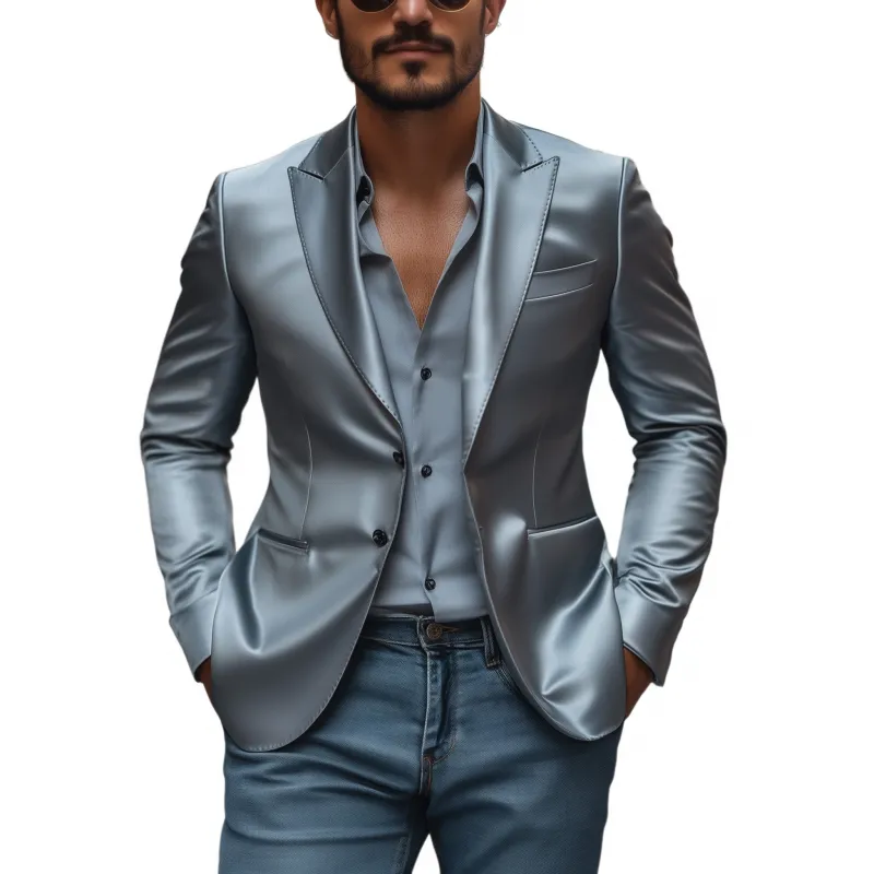 Men's Vintage Elegant Solid Color Satin Peak Lapel Single-breasted Slim-fit Blazer MTA1818H2M sold by Manly