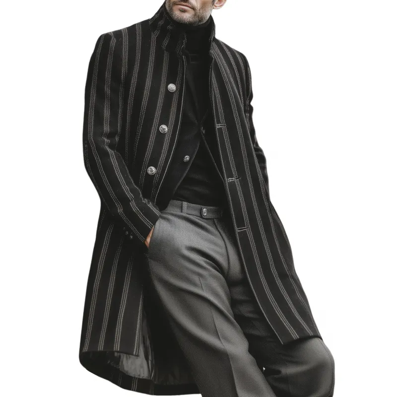 Men's Vintage Striped Wool Blend Stand Collar Single-Breasted Loose Warm Knee-Length Coat MTA1823H0M sold by Manly