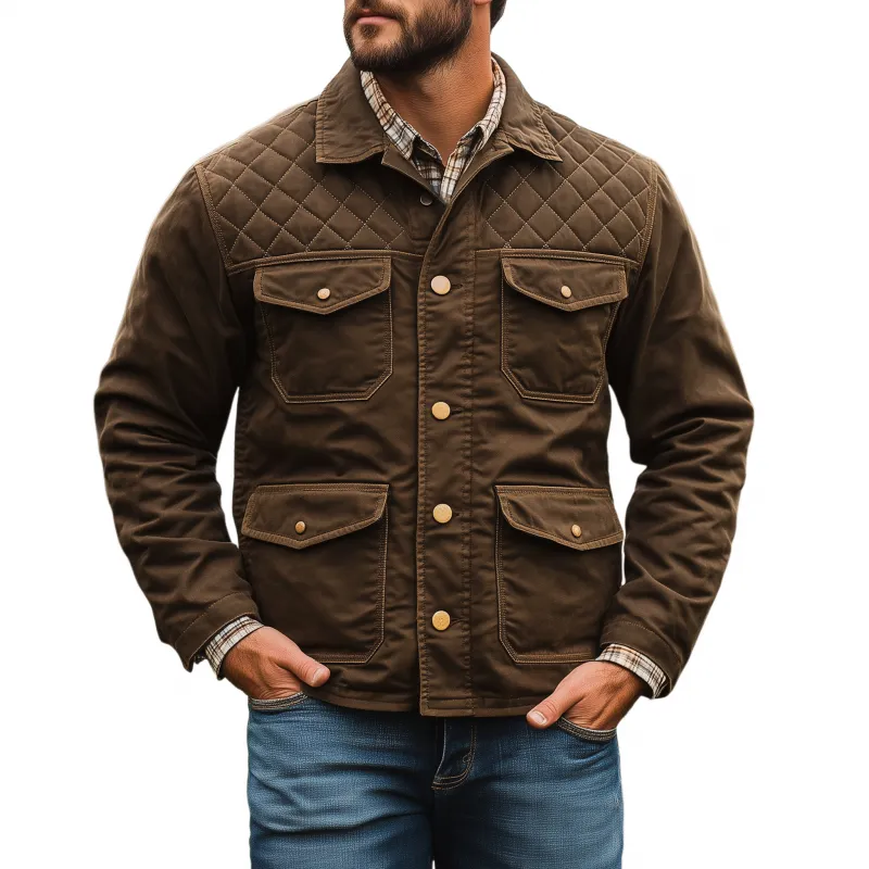 Men's Vintage Solid Color Cotton Washed Distressed Lapel Single-breasted Multi-pocket Loose Work Jacket MTA1861H3M sold by Manly