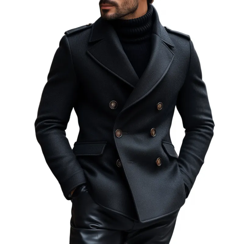 Men's Vintage Solid Color Wool Blend Notch Lapel Double-breasted Slim Fit Warm Peacoat MTA1404H2M sold by Manly