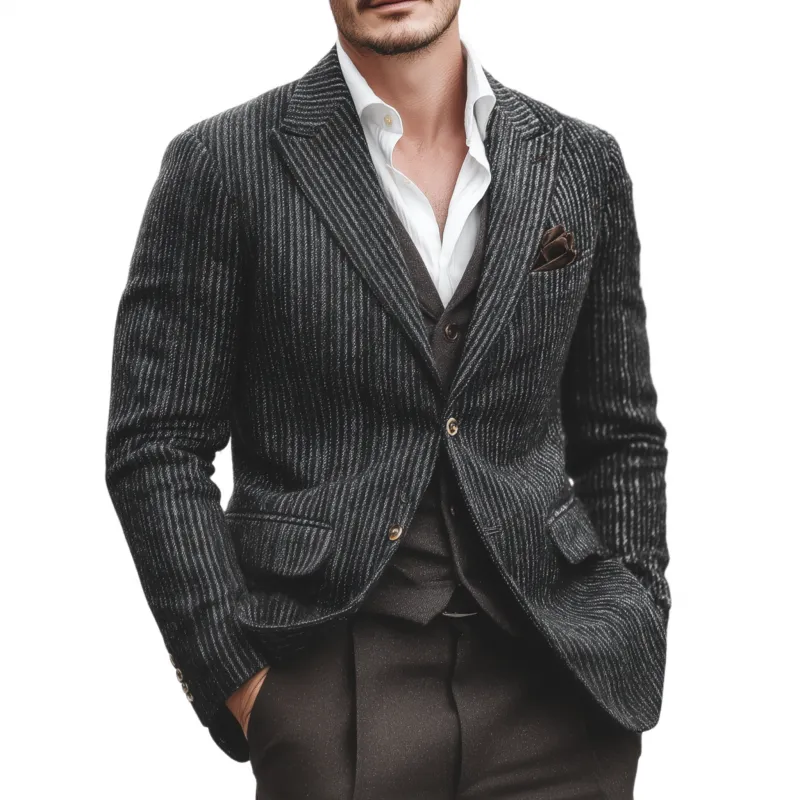 Men's Vintage Wool Blend Striped Peak Lapel Single-breasted Slim-fit Warm Blazer MTA1850H2M sold by Manly