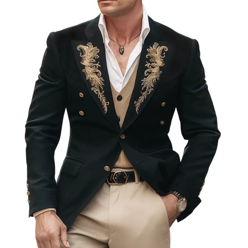 Men's Exquisite Gold Embroidered Two-button Notched Lapel Blazer MTA1898H8U sold by Manly