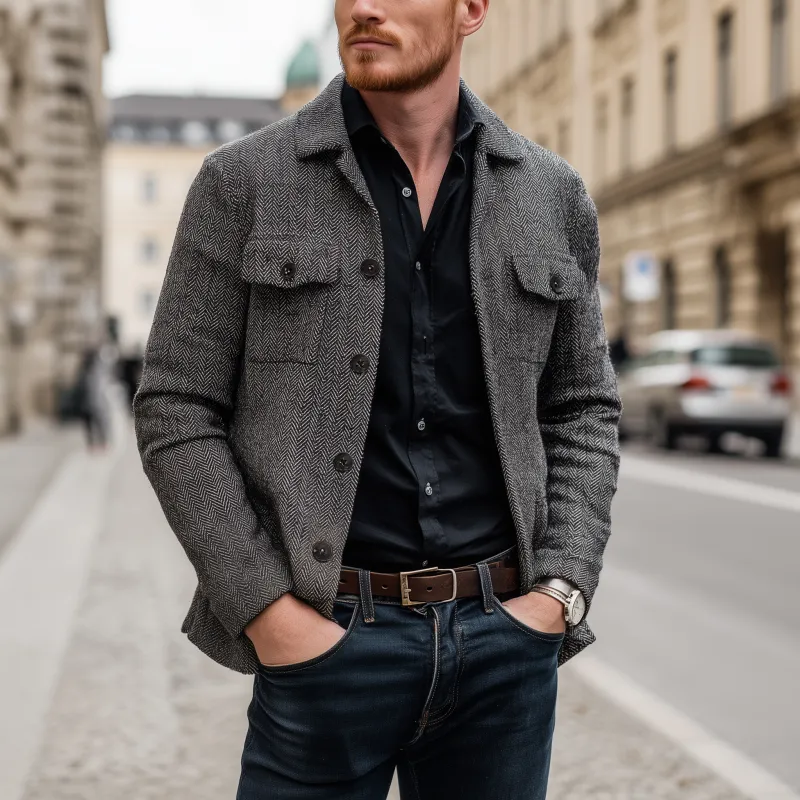 Men's Vintage Wool Blend Herringbone Lapel Flap Chest Pocket Loose Long Sleeve Shirt Jacket MTA1817H0M sold by Manly product image thumbnail 2