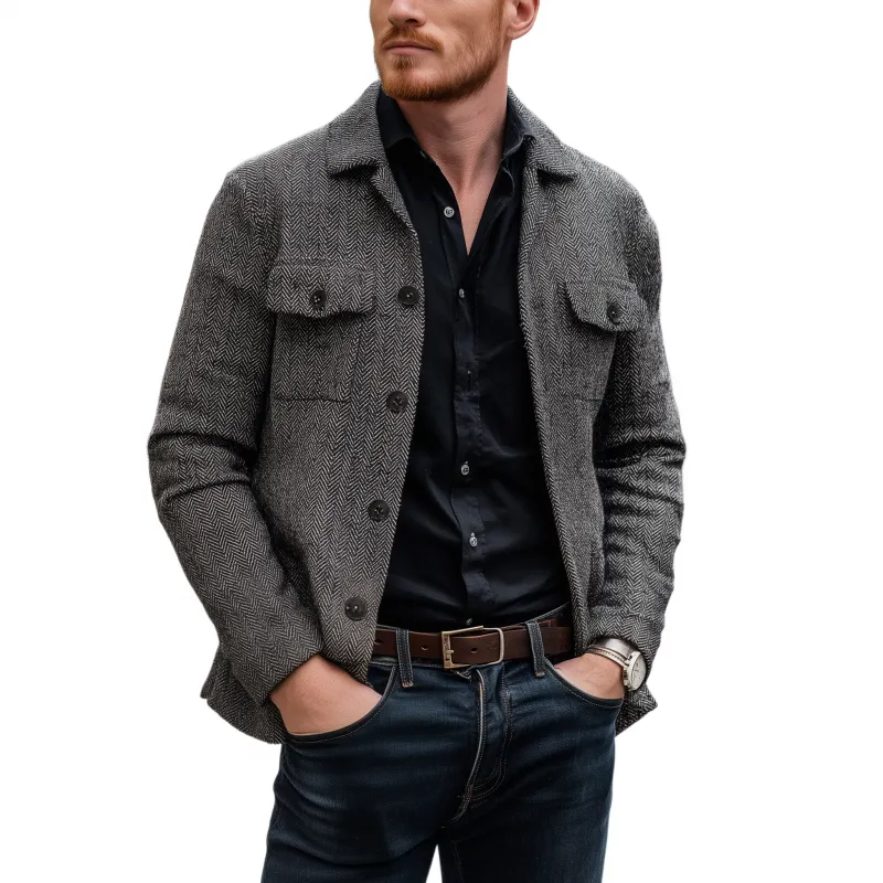 Men's Vintage Wool Blend Herringbone Lapel Flap Chest Pocket Loose Long Sleeve Shirt Jacket MTA1817H0M sold by Manly