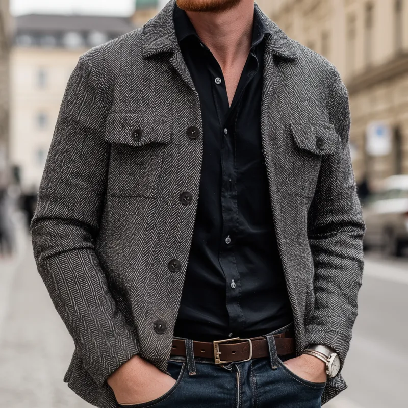 Men's Vintage Wool Blend Herringbone Lapel Flap Chest Pocket Loose Long Sleeve Shirt Jacket MTA1817H0M sold by Manly product image thumbnail 3