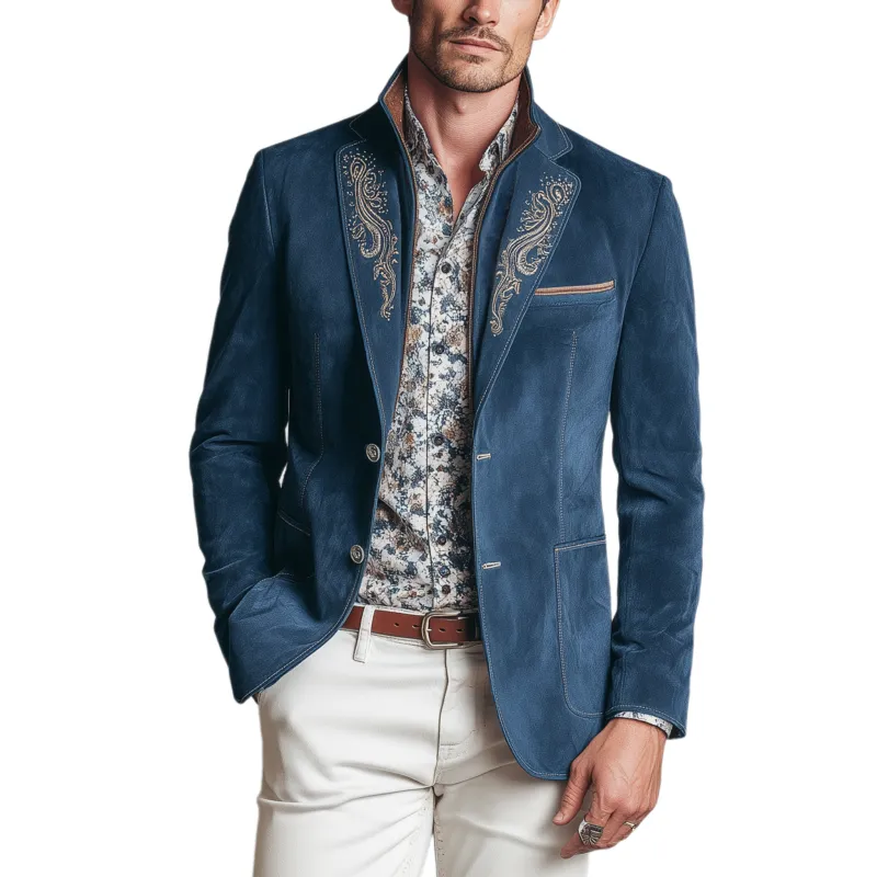 Men's Classic American Retro Embroidered Suede Patchwork Stand Collar Jacket Style Blazer MTA1851H0K sold by Manly