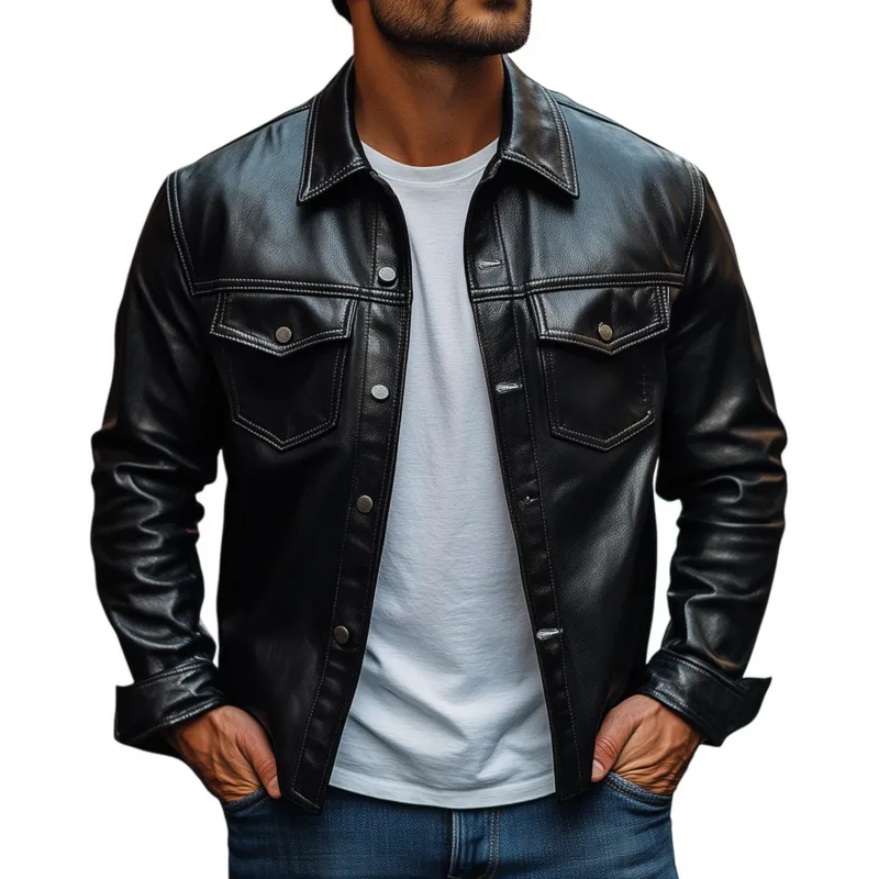 Men's Vintage Solid Color PU Lapel Flap Chest Pocket Loose Long Sleeve Shirt Jacket MTA1893H9M sold by Manly