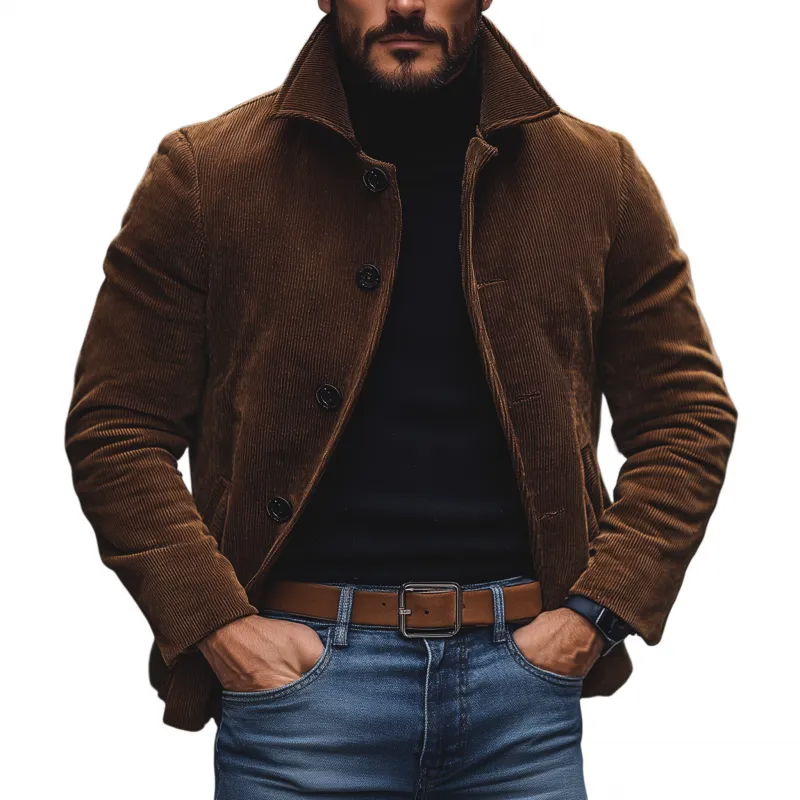 Men's Vintage Casual Solid Color Corduroy Lapel Single-Breasted Loose Work Jacket MTA1865H3M sold by Manly