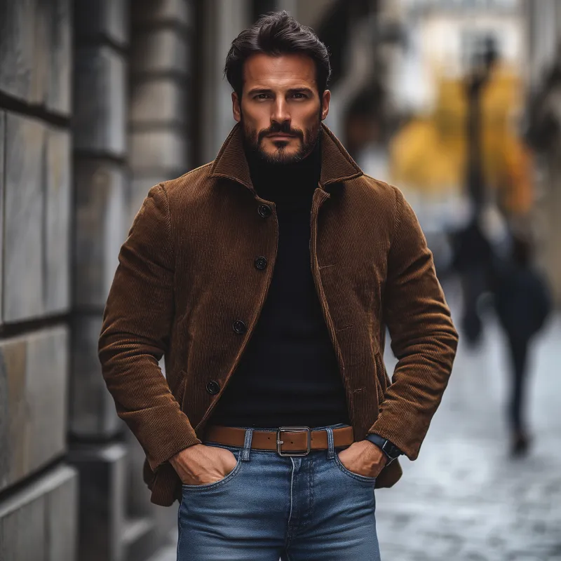 Men's Vintage Casual Solid Color Corduroy Lapel Single-Breasted Loose Work Jacket MTA1865H3M sold by Manly product image thumbnail 3