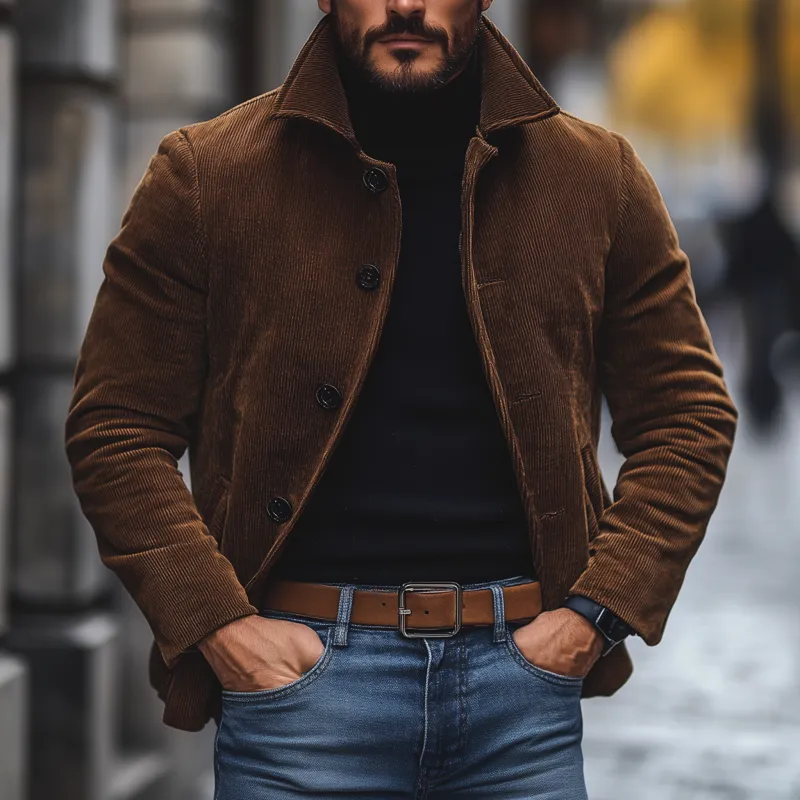 Men's Vintage Casual Solid Color Corduroy Lapel Single-Breasted Loose Work Jacket MTA1865H3M sold by Manly product image thumbnail 2