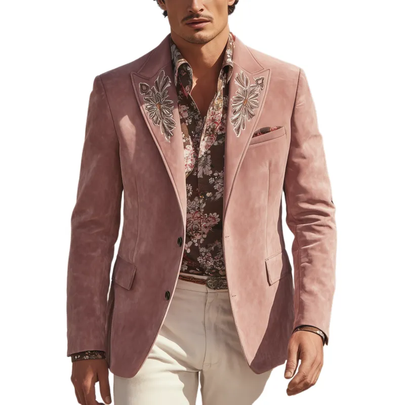 Men's Classic American Retro Western Style Embroidered Pink Suede Single-breasted Blazer MTA1873H0K sold by Manly