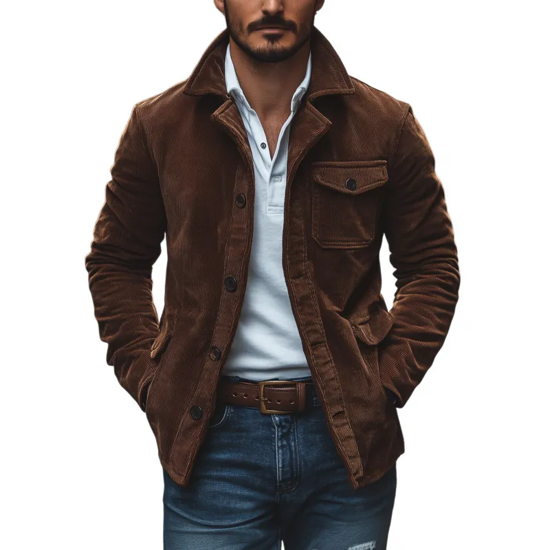 Men's Vintage Solid Color Corduroy Lapel Single-breasted Loose Cargo Jacket MTA1804H6M sold by Manly