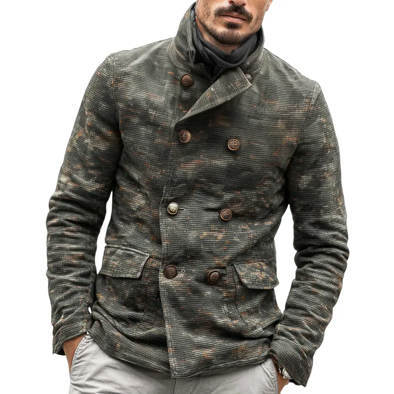 Men's Camouflage Waffle Stand Collar Double Breasted Casual Jacket MTA1879H0Z sold by Manly