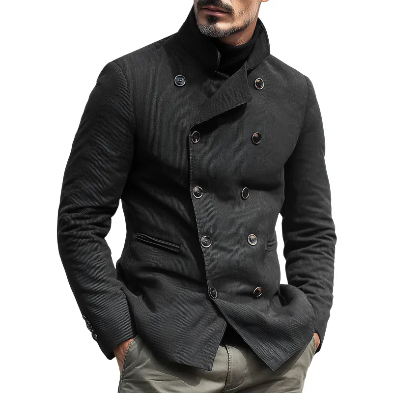 Men's Solid Corduroy Stand Collar Double Breasted Casual Jacket MTA1874H2Z sold by Manly