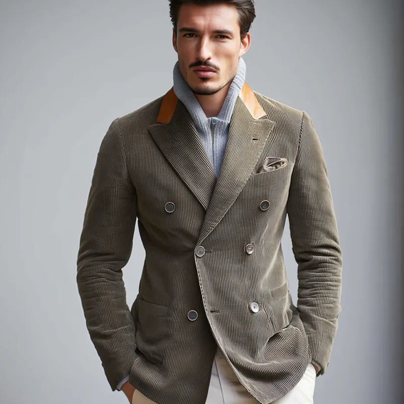 Men's PU Splicing Notch Lapel Double Breasted Corduroy Casual Blazer MTA1857H2Z sold by Manly product image thumbnail 4