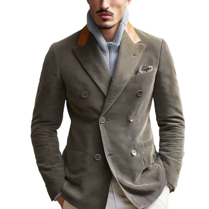 Men's PU Splicing Notch Lapel Double Breasted Corduroy Casual Blazer MTA1857H2Z sold by Manly