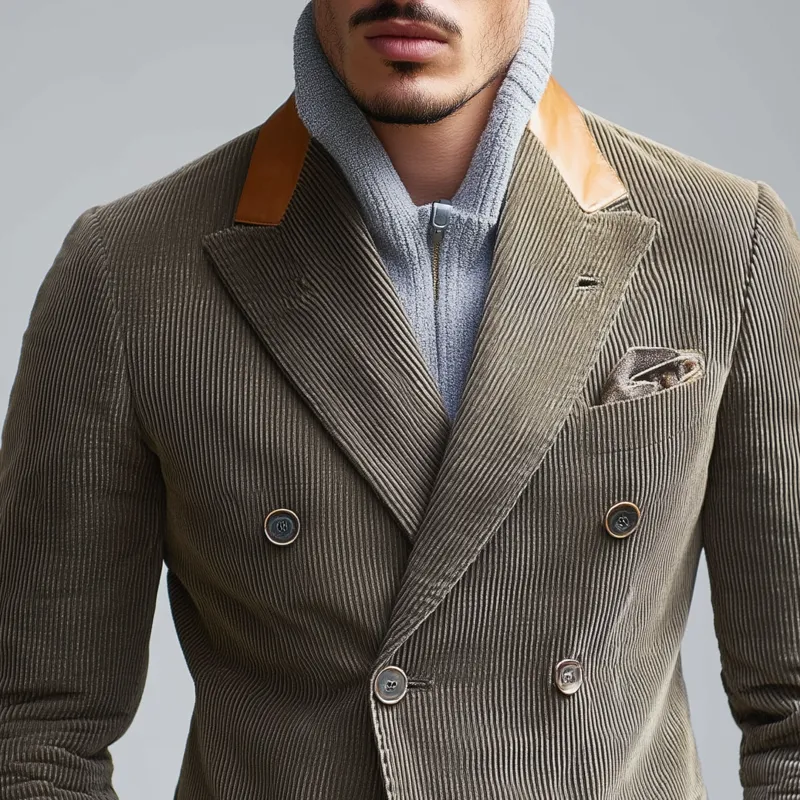 Men's PU Splicing Notch Lapel Double Breasted Corduroy Casual Blazer MTA1857H2Z sold by Manly product image thumbnail 3