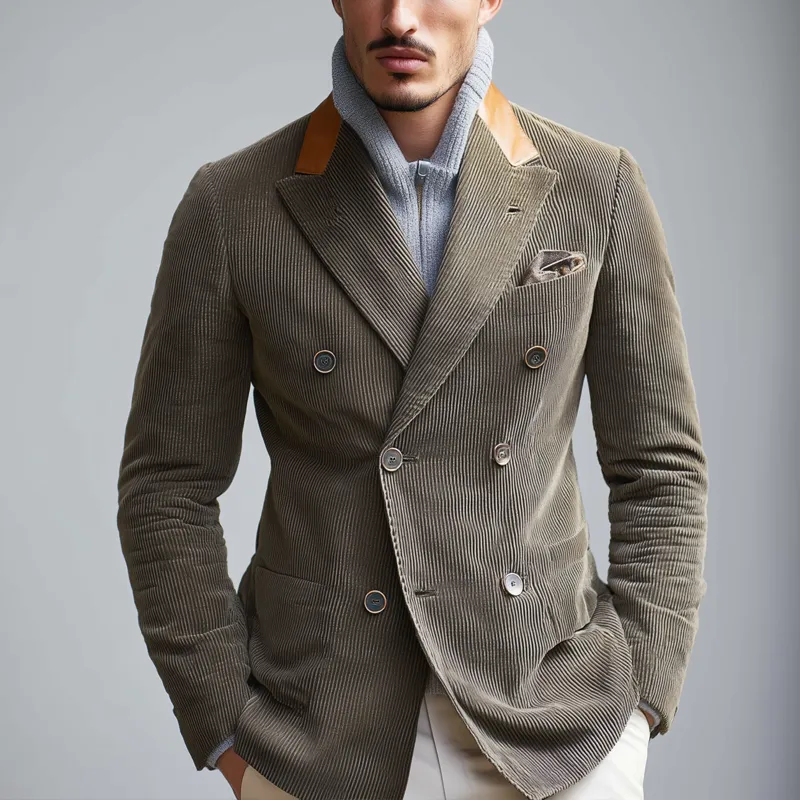 Men's PU Splicing Notch Lapel Double Breasted Corduroy Casual Blazer MTA1857H2Z sold by Manly product image thumbnail 2