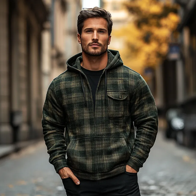 Men's Check Print Zip-Up Hooded Jacket MTA1658H0X sold by Manly product image thumbnail 4