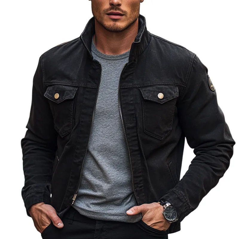 Men's Black Cotton Solid Stand Collar Jacket MTA1664H9X sold by Manly