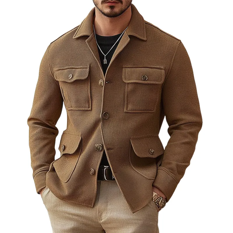 Men's Blended Multi-pocket Solid Color Lapel Jacket MTA1698H1X sold by Manly