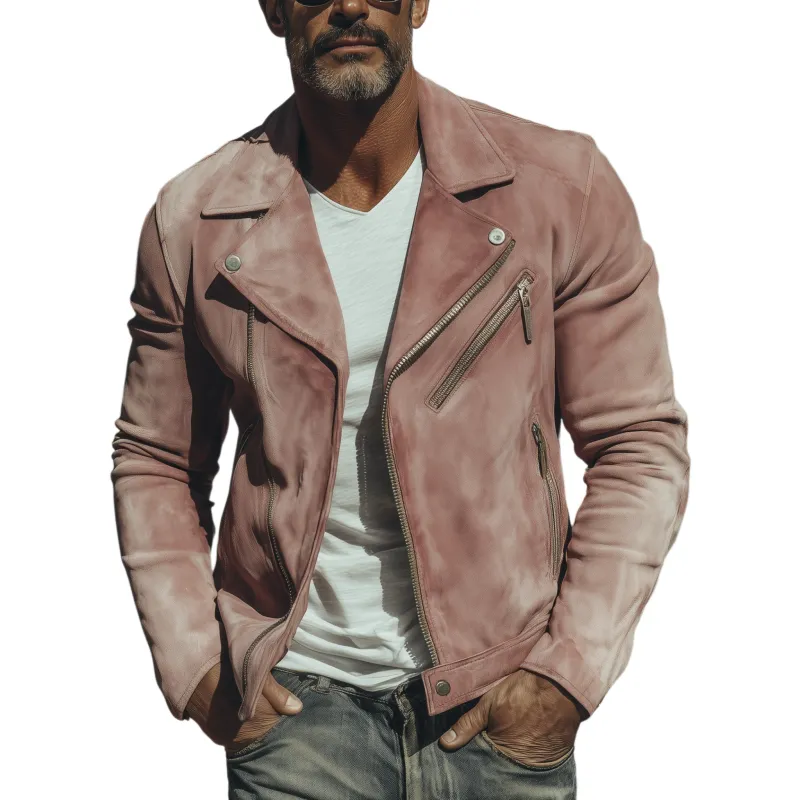 Men's Classic American Retro Lapel Pink Suede Motorcycle Jacket MTA2012H0K sold by Manly