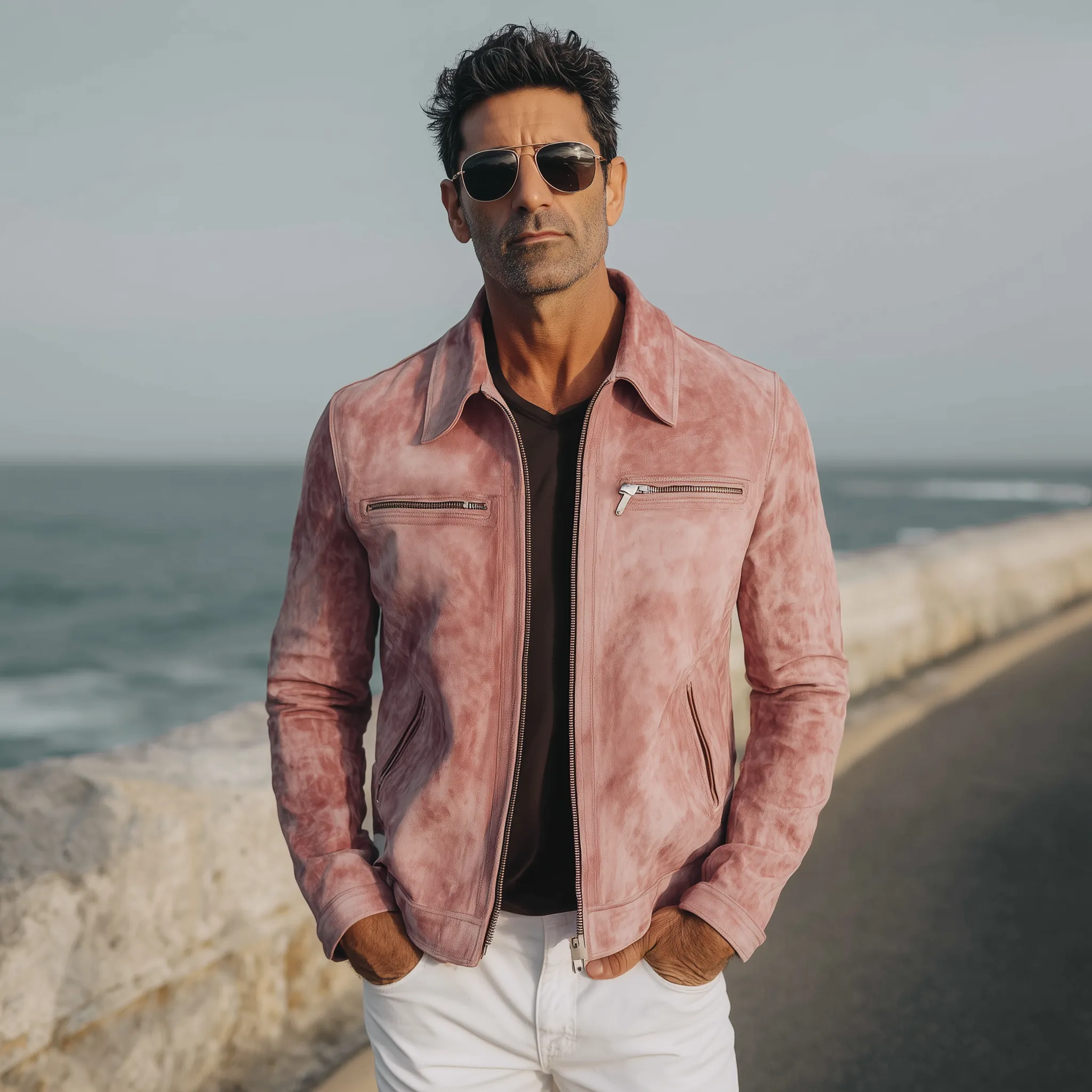 Men's Classic Casual Lapel Zipper Pink Suede Jacket MTA2026H8K sold by Manly product image thumbnail 3