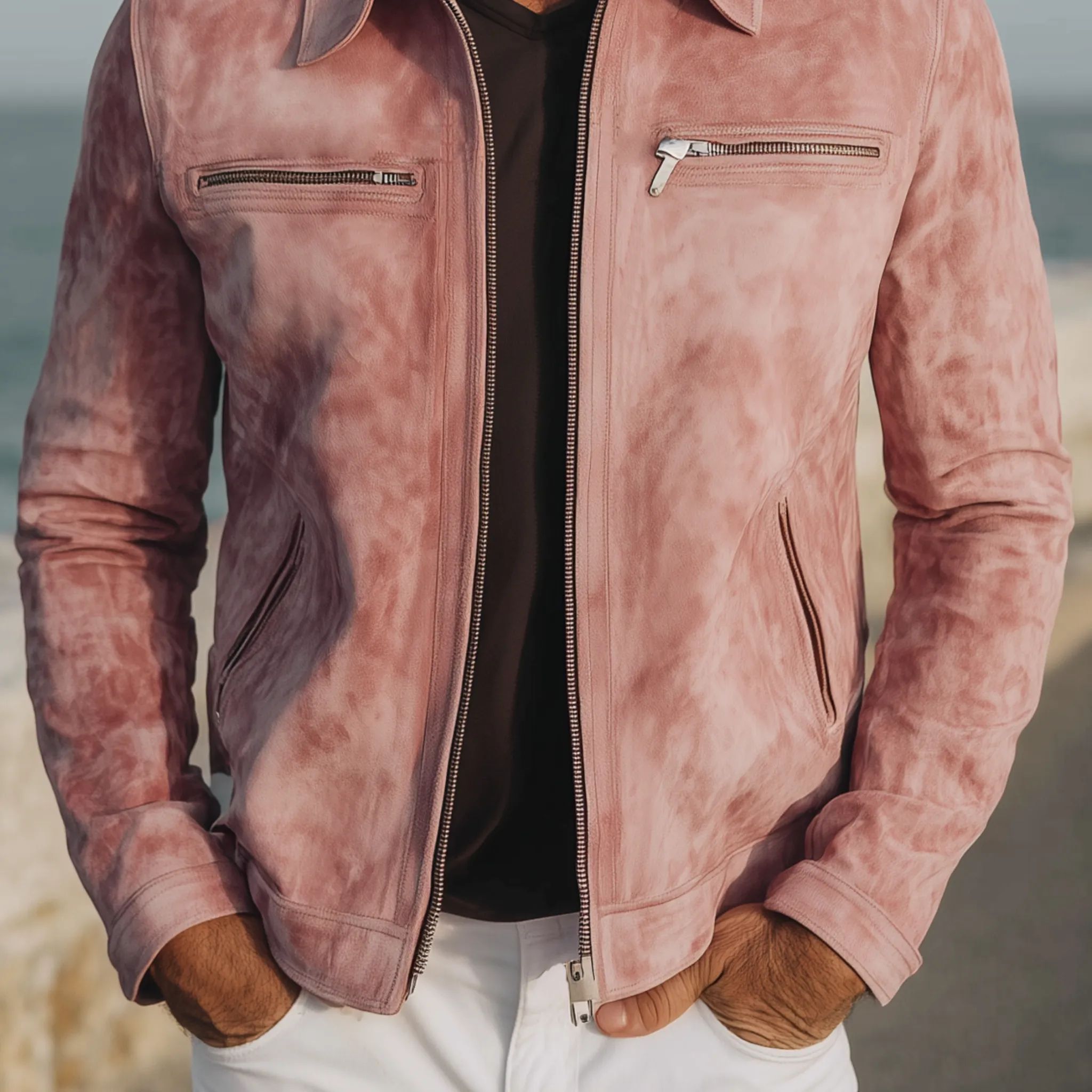 Men's Classic Casual Lapel Zipper Pink Suede Jacket MTA2026H8K sold by Manly product image thumbnail 5