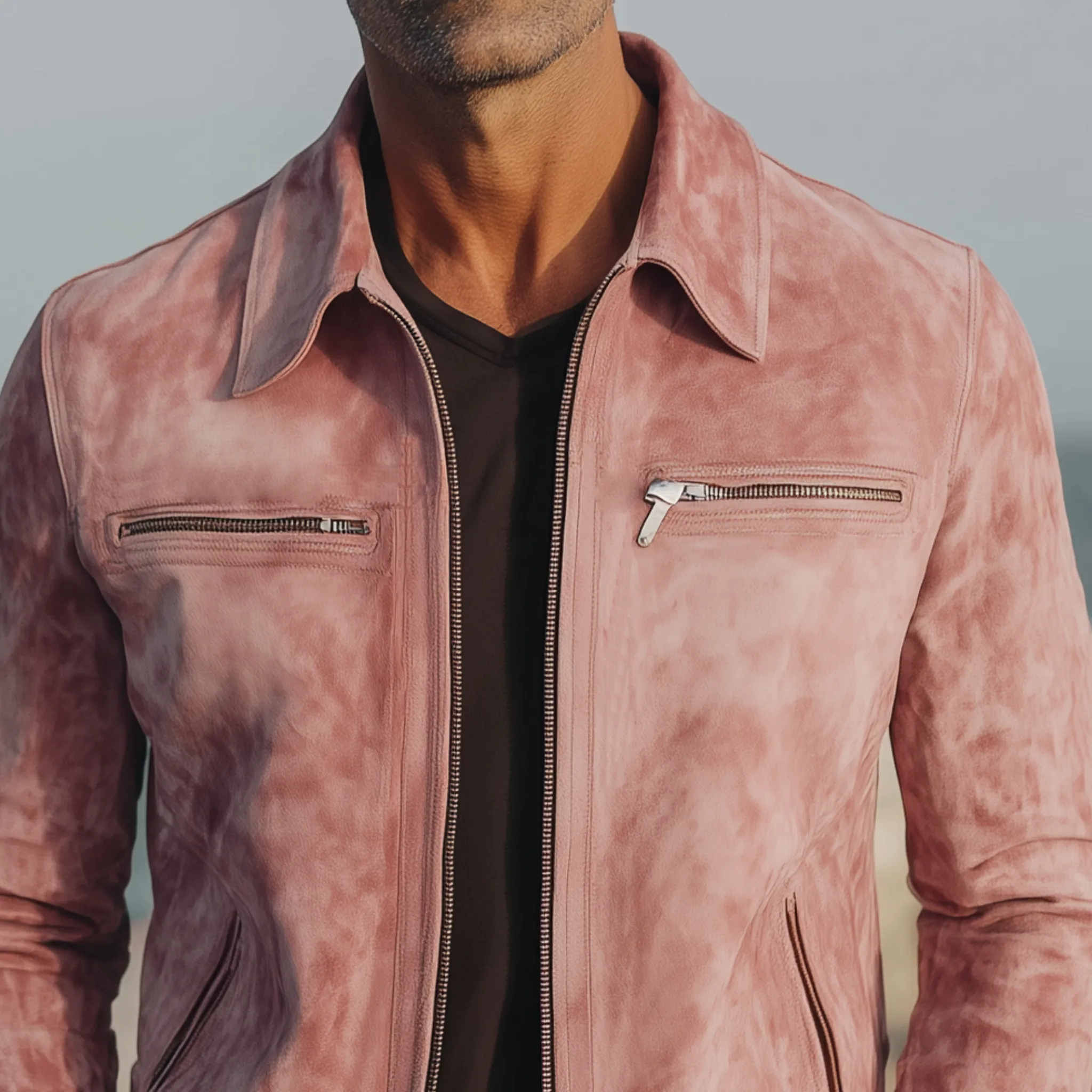 Men's Classic Casual Lapel Zipper Pink Suede Jacket MTA2026H8K sold by Manly product image thumbnail 4