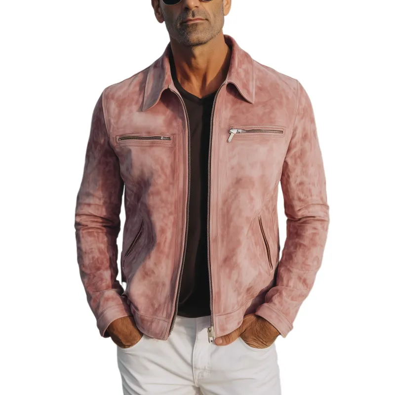 Men's Classic Casual Lapel Zipper Pink Suede Jacket MTA2026H8K sold by Manly