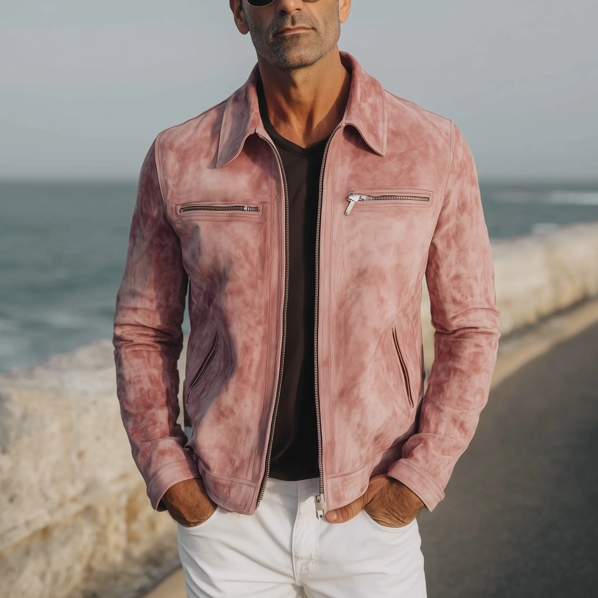 Men's Classic Casual Lapel Zipper Pink Suede Jacket MTA2026H8K sold by Manly product image thumbnail 2