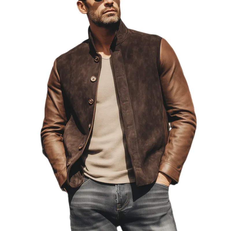 Men's Classic American Retro Western Style Sleeves Stitching PU Leather Stand Collar Suede Jacket MTA2057H1K sold by Manly