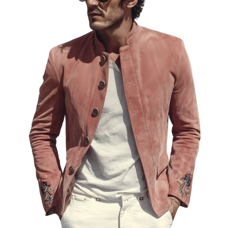 Men's Classic American Retro Western Style Stand Collar Embroidered Pink Suede Jacket MTA2015H1K sold by Manly