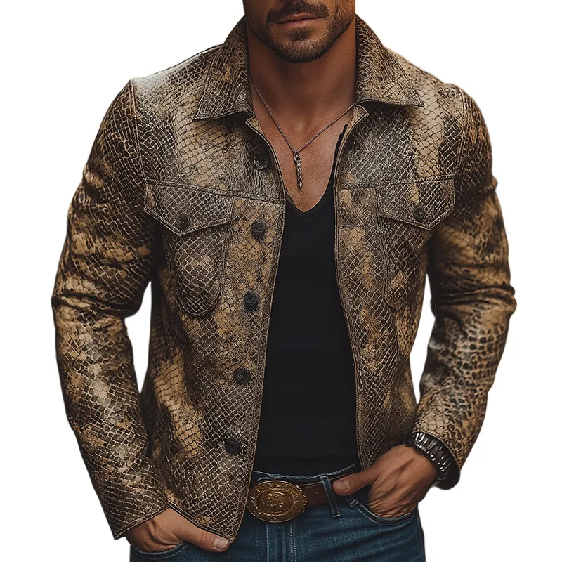 Men's Retro Casual Python Pattern Lapel PU Leather Jacket MTA1939H7TO sold by Manly