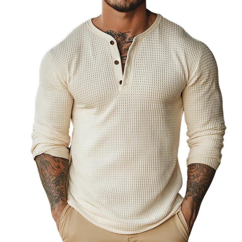 Men's Retro Casual Waffle Henley Neck Long Sleeve T-Shirt MTA1910H5TO sold by Manly