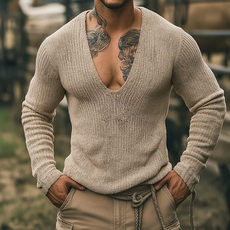 Men's Retro Casual V-Neck Knitted Long Sleeve T-Shirt MTA1962H7TO sold by Manly product image thumbnail 2