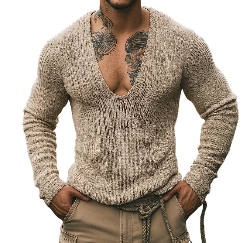 Men's Retro Casual V-Neck Knitted Long Sleeve T-Shirt MTA1962H7TO sold by Manly